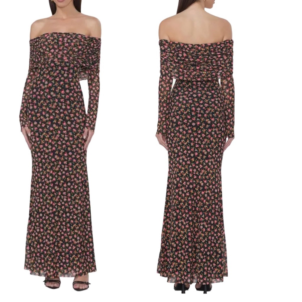 NWT! AFRM Thelma Floral Print Off the Shoulder Long Sleeve Mesh Maxi Dress, Sz L